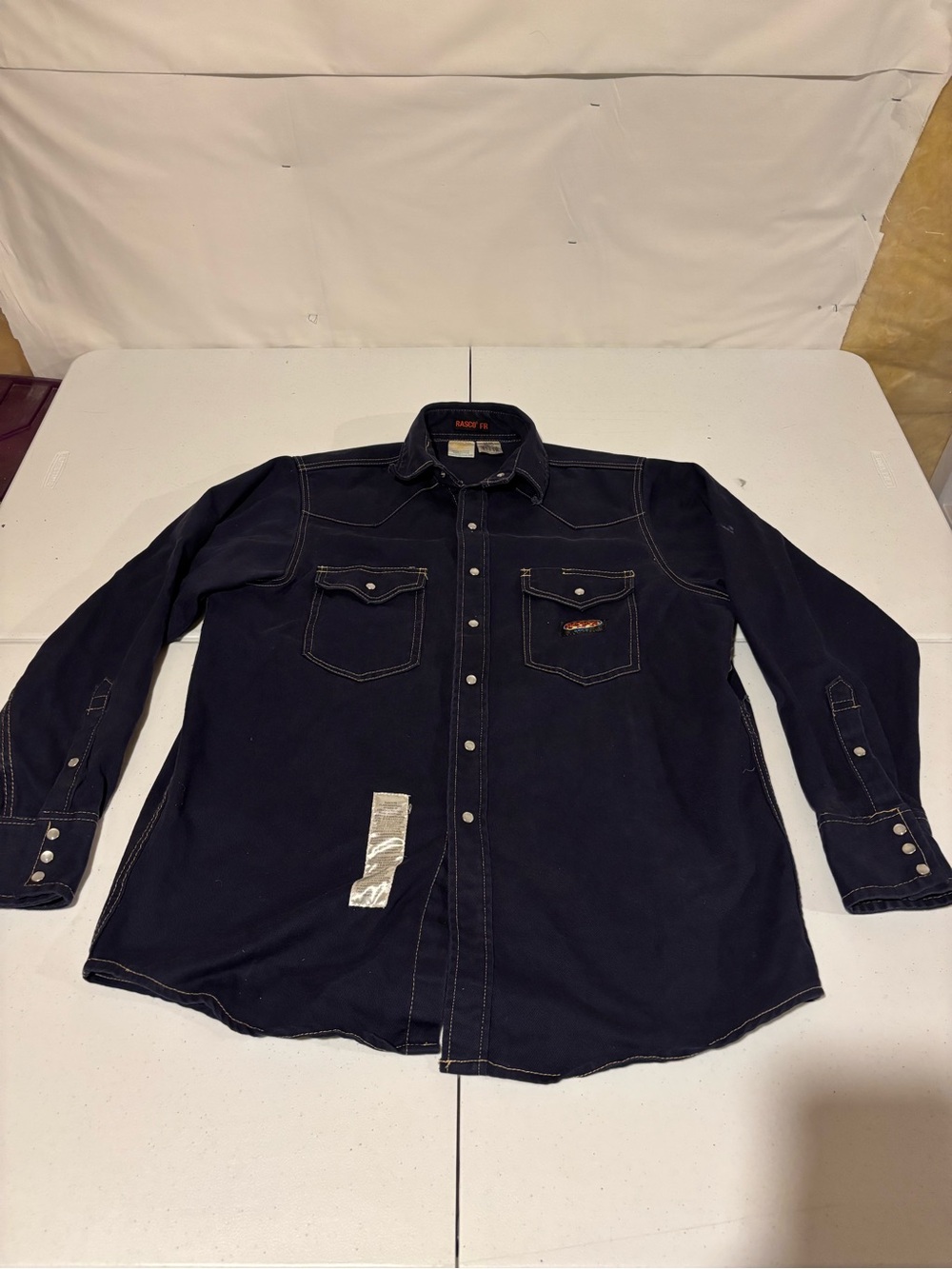 Rasco FR Men’s Size XL Western Pearl Snap Blue Denim Long Sleeve Work Shirt